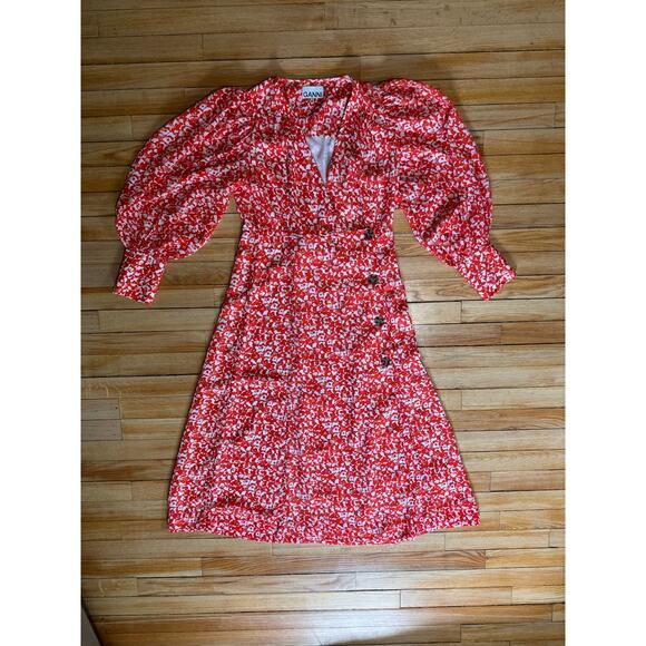 Ganni | Balloon Sleeve Orange Floral Print Crepe Midi Dress | Size 38 (US 6) - Picture 14 of 16